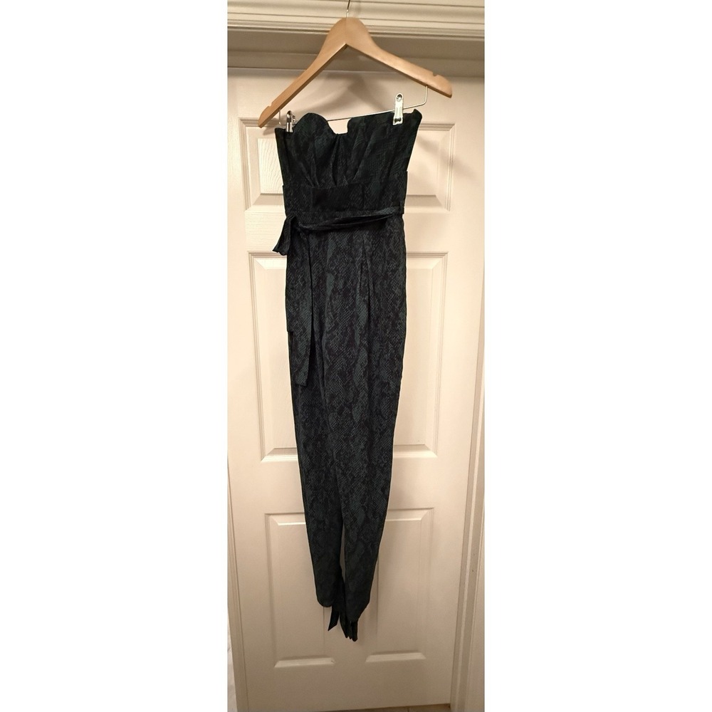 Michael Costello REVOLVE Jumpsuit Women Small Teal Snakeskin Strapless Tie Waist